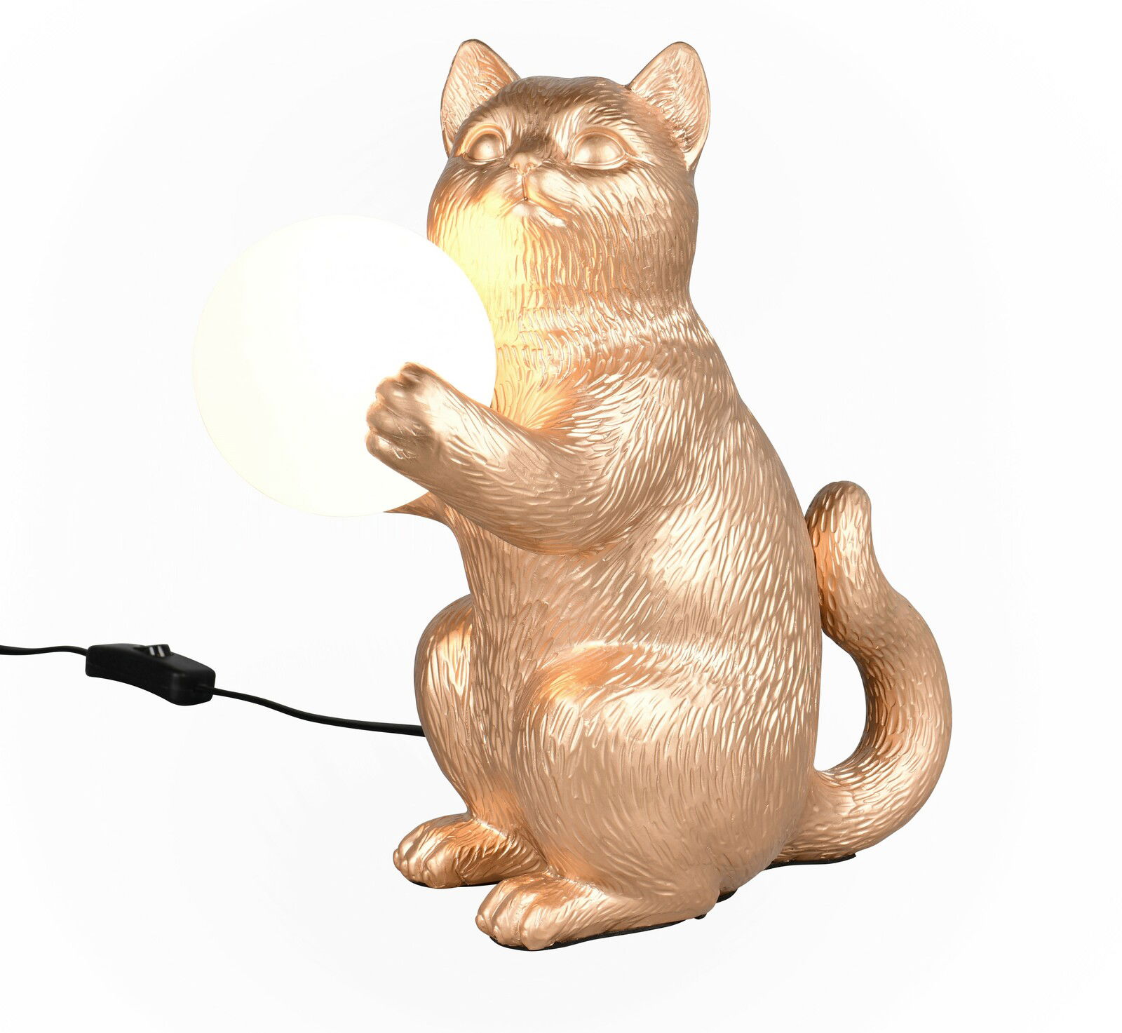 Goldene Tischleuchte in Form einer sitzenden Katze, die eine leuchtende Kugel hält, seitliche Perspektive