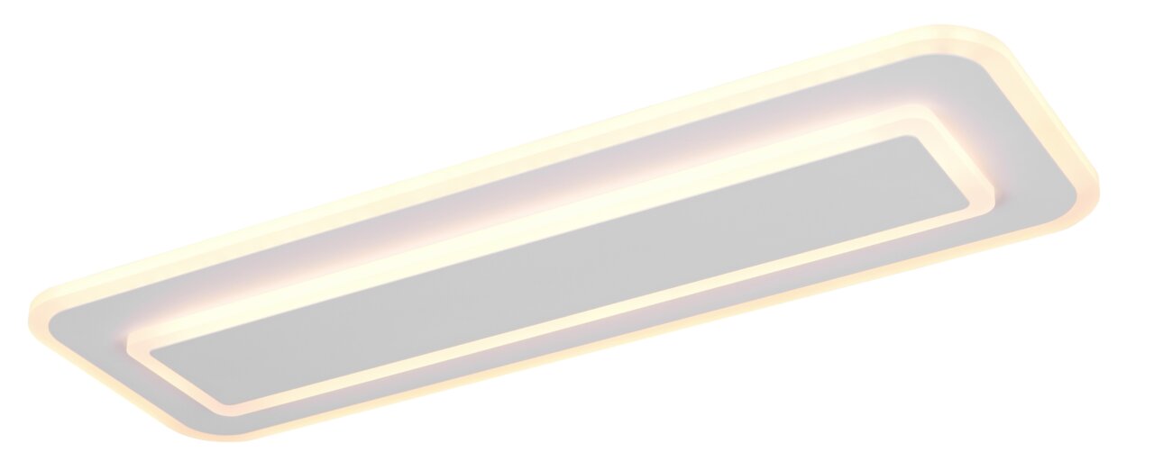 Rechteckige LED-Deckenleuchte mit sanftem, warmweißem Licht, seitliche Perspektive