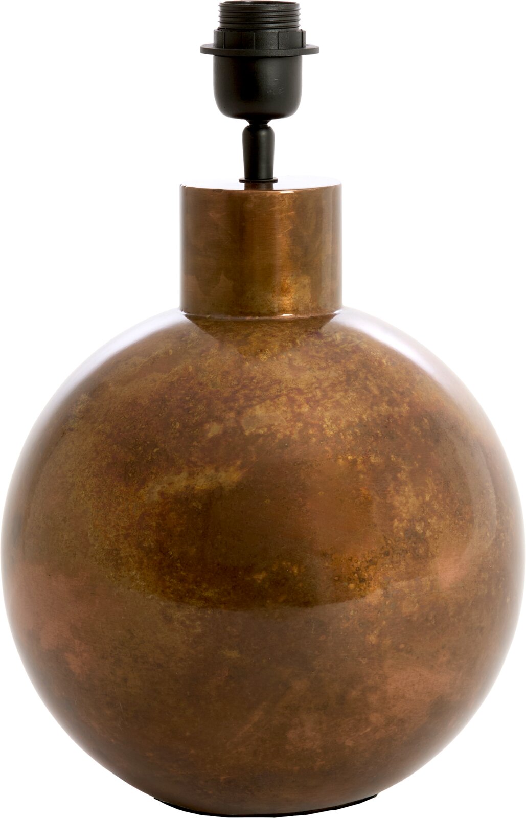 Bolvormige tafellampvoet van bronskleurig metaal met een verweerde patina en zwarte fitting, frontaal afgebeeld