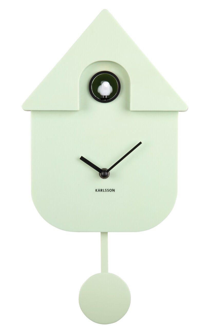 Moderne Wanduhr in Form eines Kuckucks mit Pendel, Vorderansicht