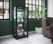 Schwarze Glasvitrine mit LED-Beleuchtung und mehreren Glasböden, gefüllt mit Deko und Büchern, im modernen Wohnraum vor großen Fenstern – Perspektive: frontale Ansicht leicht von rechts.