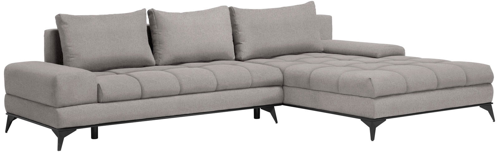 Graues Ecksofa mit Ottomane, moderne Metallfüße, Perspektive von vorne rechts