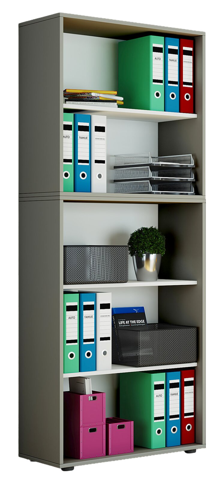 VCM Büroregal LONA Hohes graues Büroregal mit offenen Fächern, Einlegeböden und vielfältiger Bestückung aus farbigen Aktenordnern, Ablagekörben, Aufbewahrungsboxen und einer kleinen Pflanze, aus leicht seitlicher Frontperspektive dargestellt.