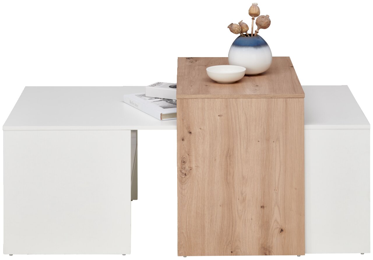 Moderner Couchtisch mit weißer und holzfarbener Oberfläche, dekoriert mit einer Vase und einer Schale, aus der Frontalperspektive.