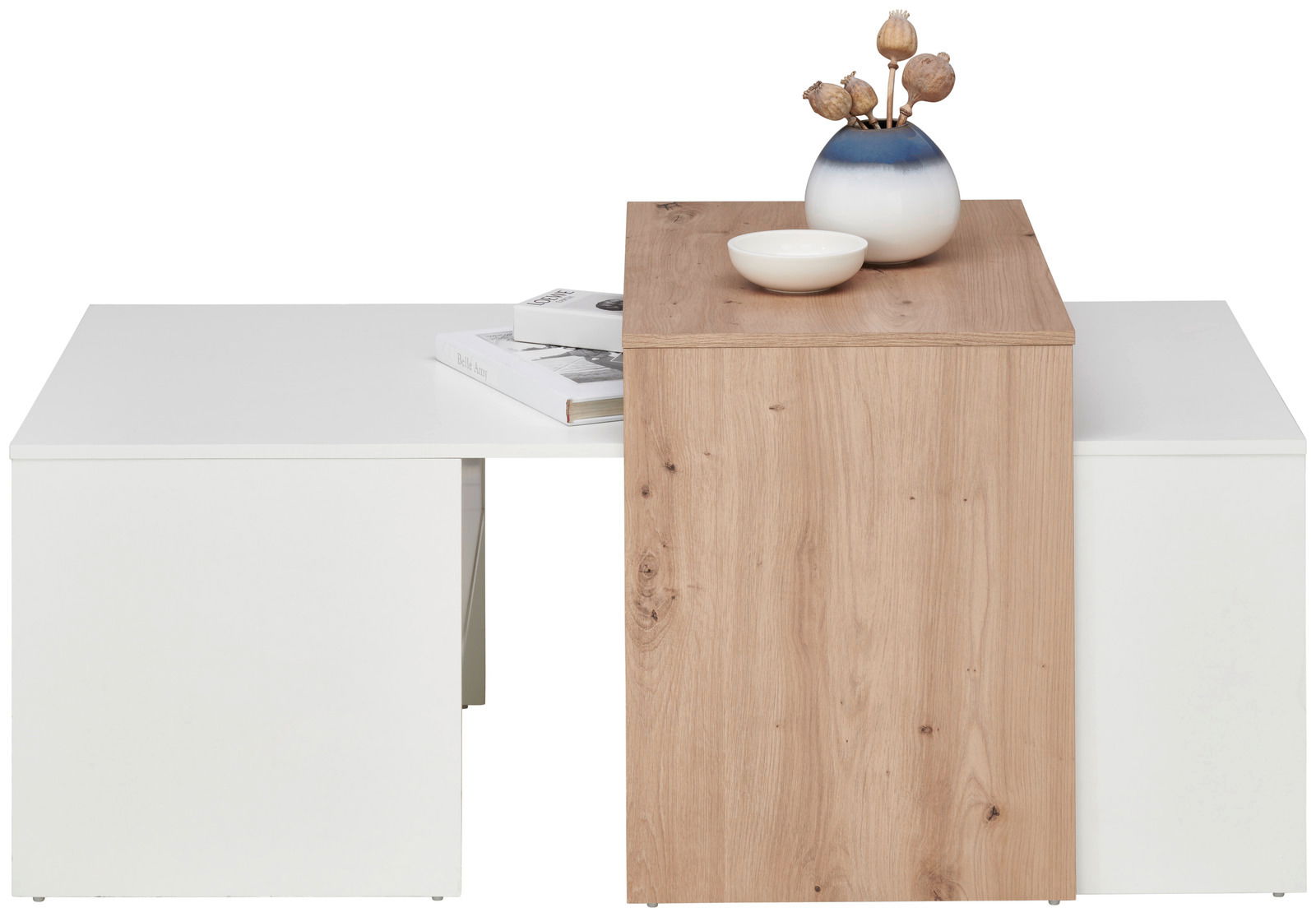 Moderner Couchtisch mit weißer und holzfarbener Oberfläche, dekoriert mit einer Vase und einer Schale, aus der Frontalperspektive.