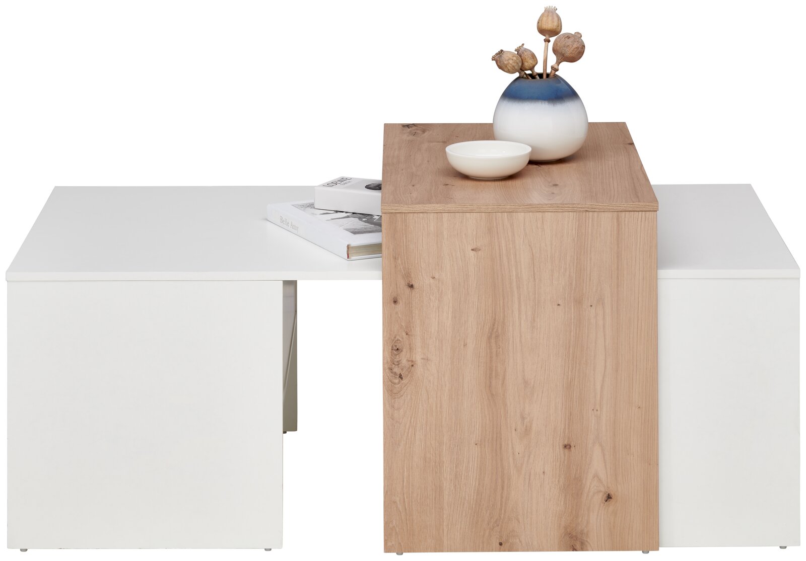 Moderner Couchtisch mit weißer und holzfarbener Oberfläche, dekoriert mit einer Vase und einer Schale, aus der Frontalperspektive.