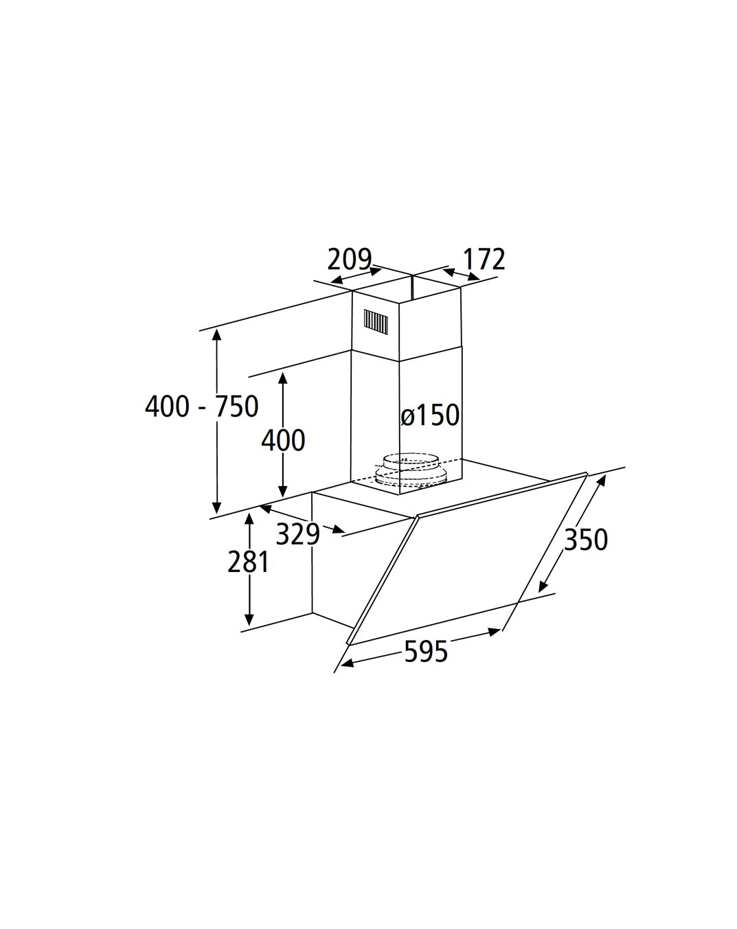 Technische Maßzeichnung einer schrägen Dunstabzugshaube mit Kamin, Ansicht in isometrischer Perspektive von vorne/seitlich, mit Bemaßungen (Breite 595 mm, Tiefe 350 mm, Kaminhöhe 400–750 mm, Abluftanschluss Ø150 mm).