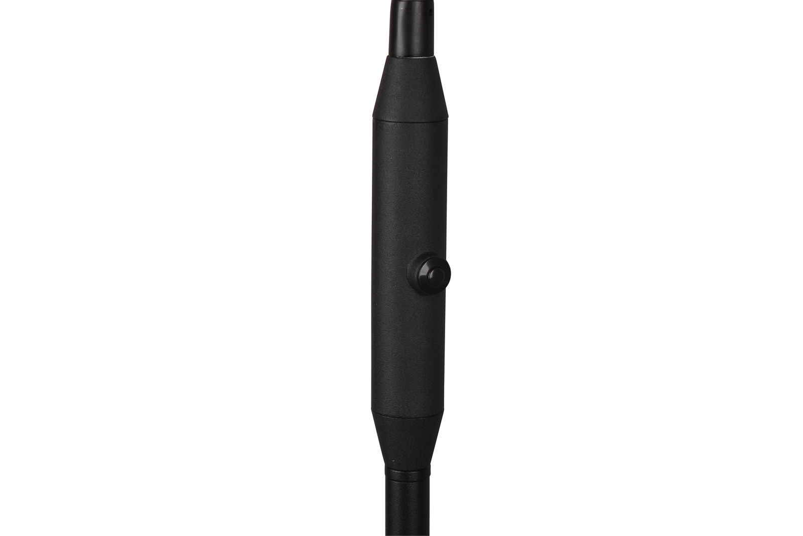 Nahaufnahme eines schwarzen, zylindrischen Teils einer LED-Lampe mit einem Schalter in der Mitte, seitliche Perspektive