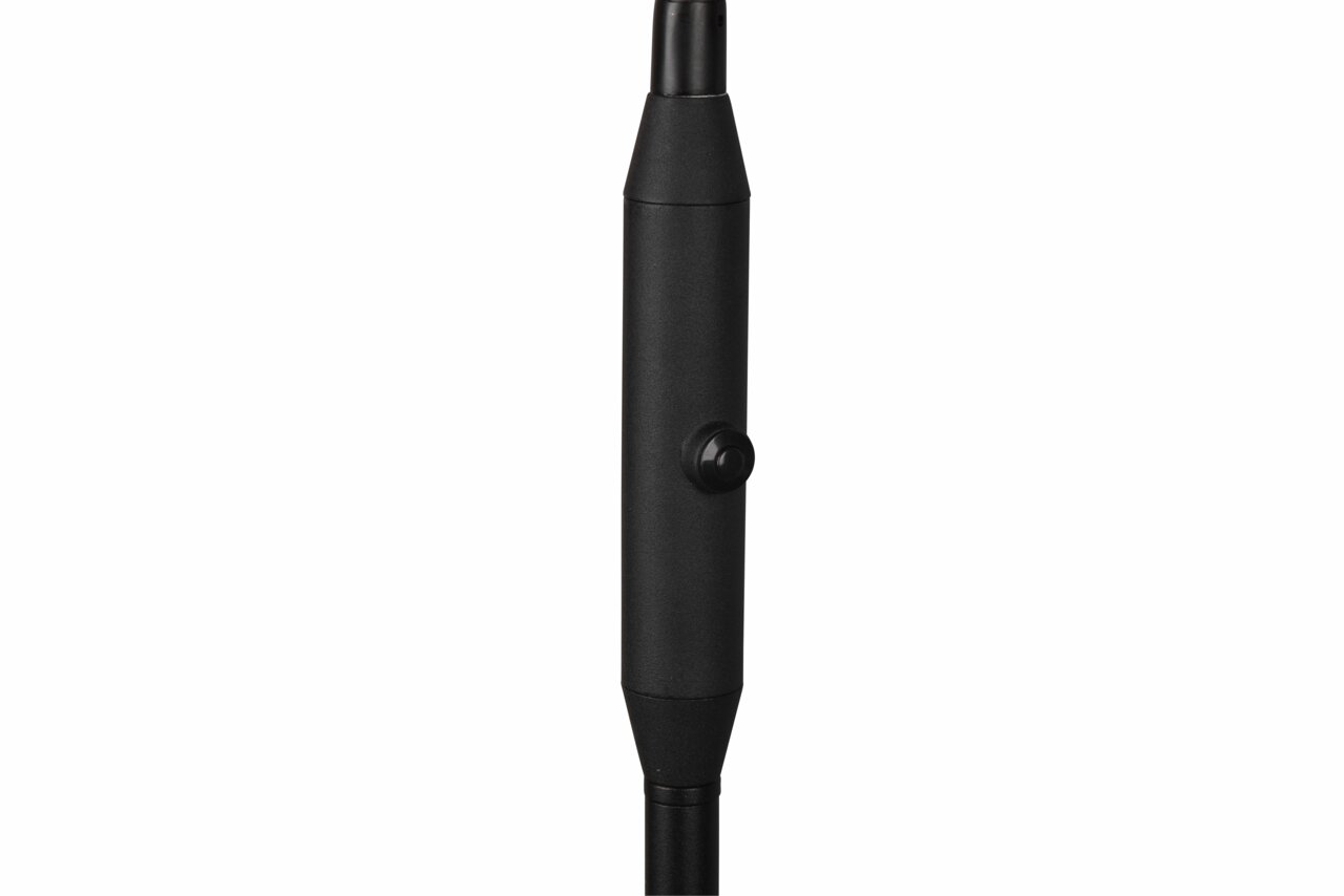 Nahaufnahme eines schwarzen, zylindrischen Teils einer LED-Lampe mit einem Schalter in der Mitte, seitliche Perspektive