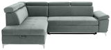 Graues Ecksofa mit verstellbaren Kopfstützen, Ansicht von vorne.