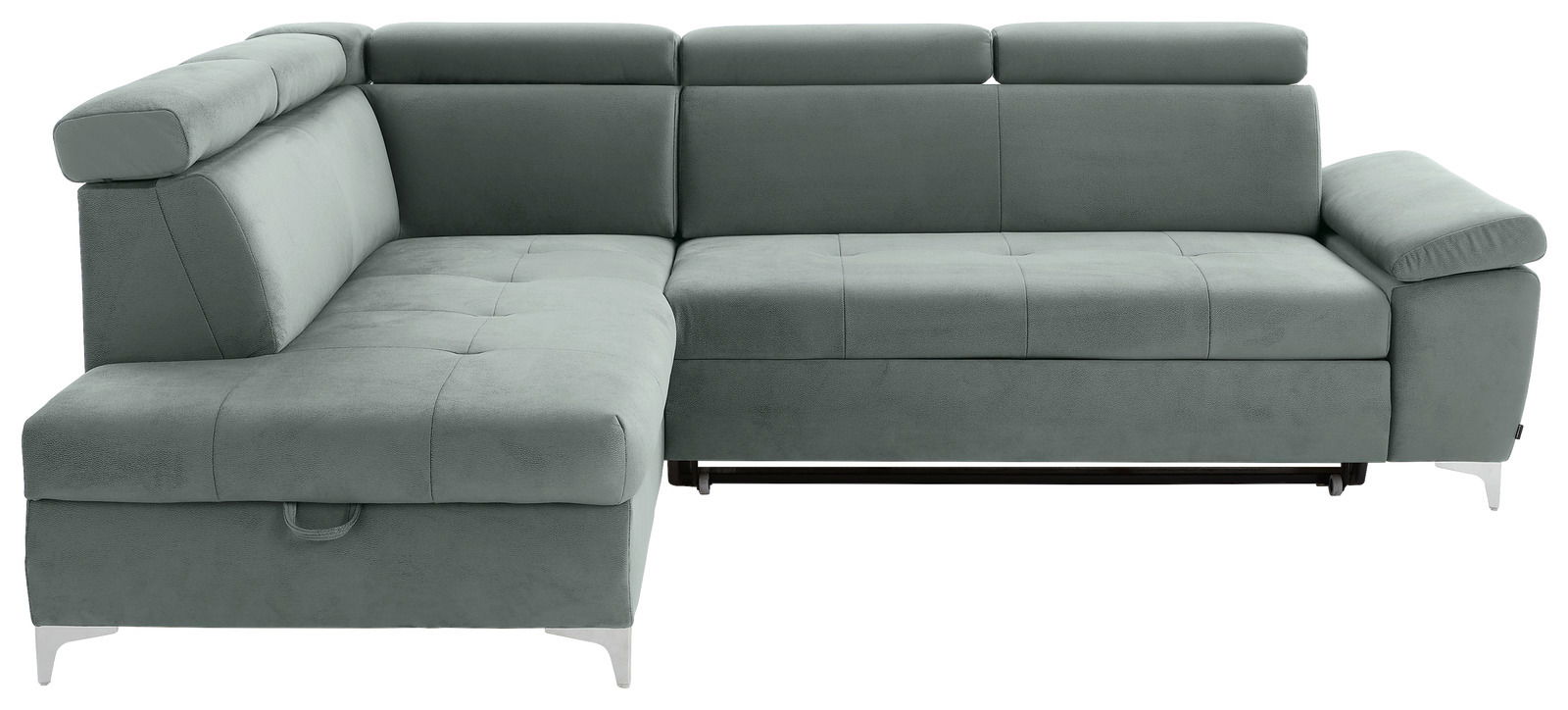 Graues Ecksofa mit verstellbaren Kopfstützen, Ansicht von vorne.