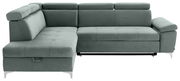 Graues Ecksofa mit verstellbaren Kopfstützen, Ansicht von vorne.
