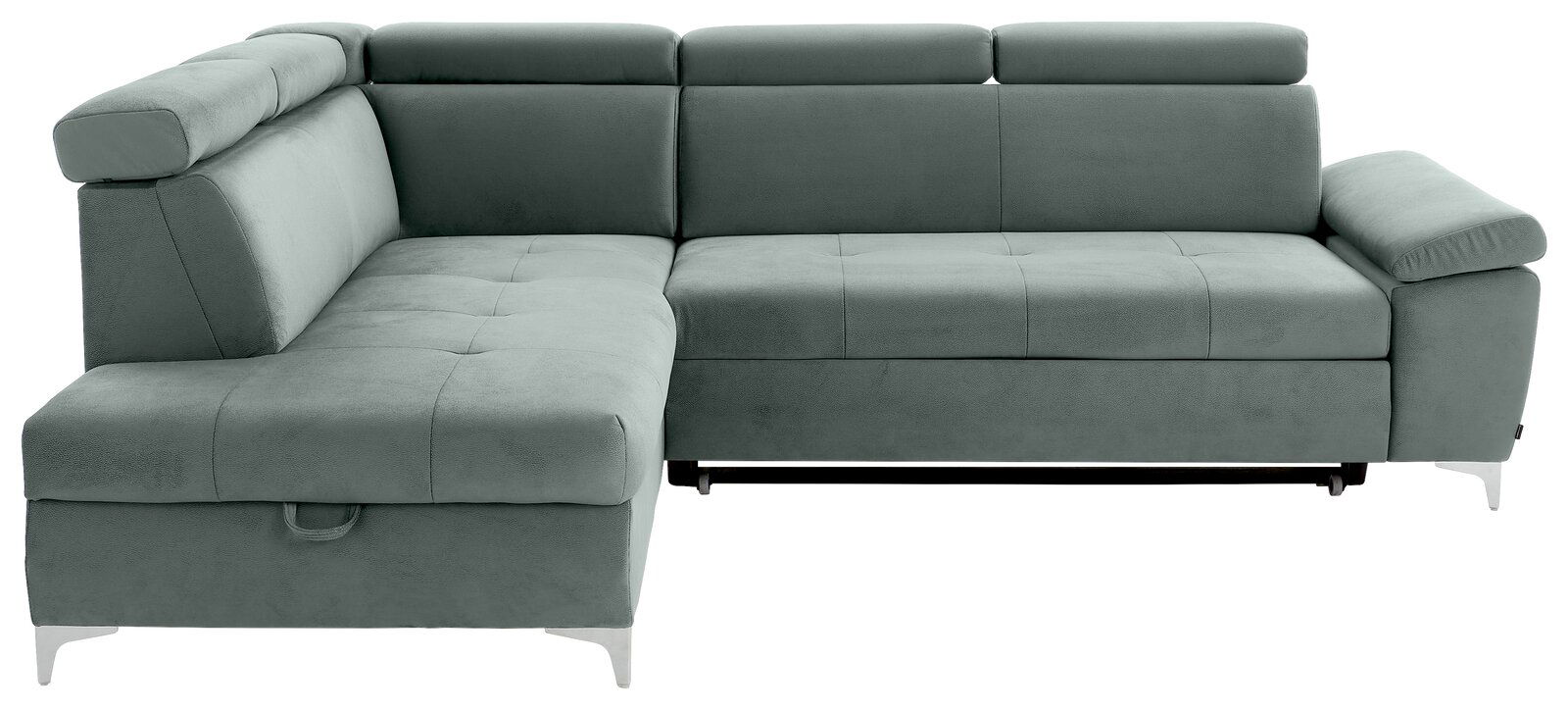 Graues Ecksofa mit verstellbaren Kopfstützen, Ansicht von vorne.