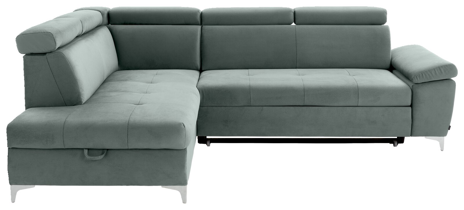 Graues Ecksofa mit verstellbaren Kopfstützen, Ansicht von vorne.