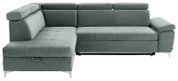 Graues Ecksofa mit verstellbaren Kopfstützen, Ansicht von vorne.