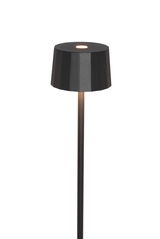 Schwarze Akku-Stehleuchte von Dieter Knoll, frontal abgebildet mit leuchtendem Lichtpunkt auf der Oberseite.