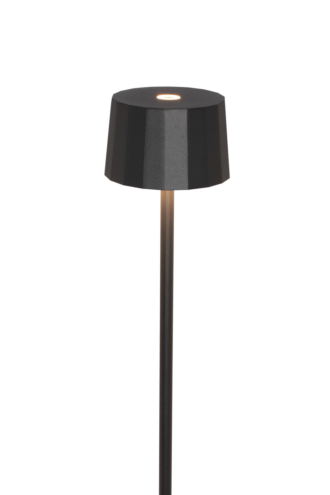 Schwarze Akku-Stehleuchte von Dieter Knoll, frontal abgebildet mit leuchtendem Lichtpunkt auf der Oberseite.