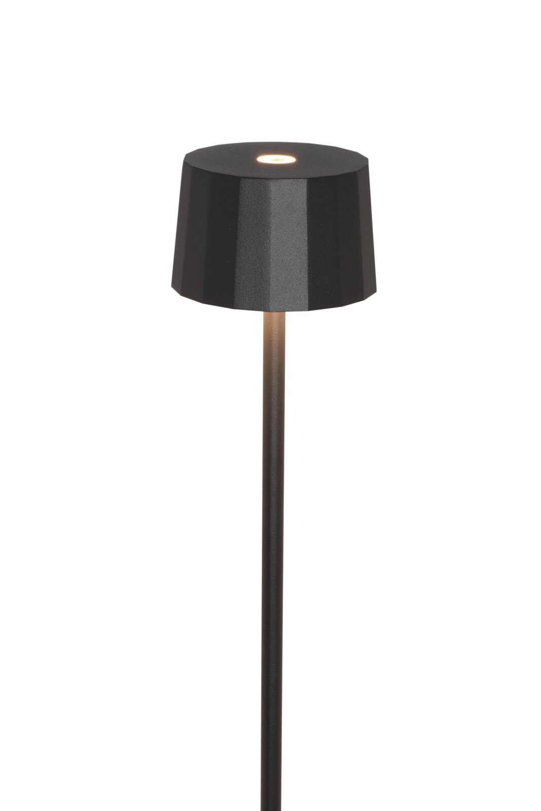 Schwarze Akku-Stehleuchte von Dieter Knoll, frontal abgebildet mit leuchtendem Lichtpunkt auf der Oberseite.