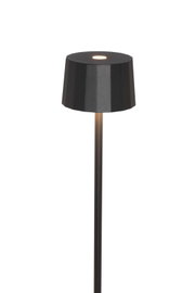 Schwarze Akku-Stehleuchte von Dieter Knoll, frontal abgebildet mit leuchtendem Lichtpunkt auf der Oberseite.