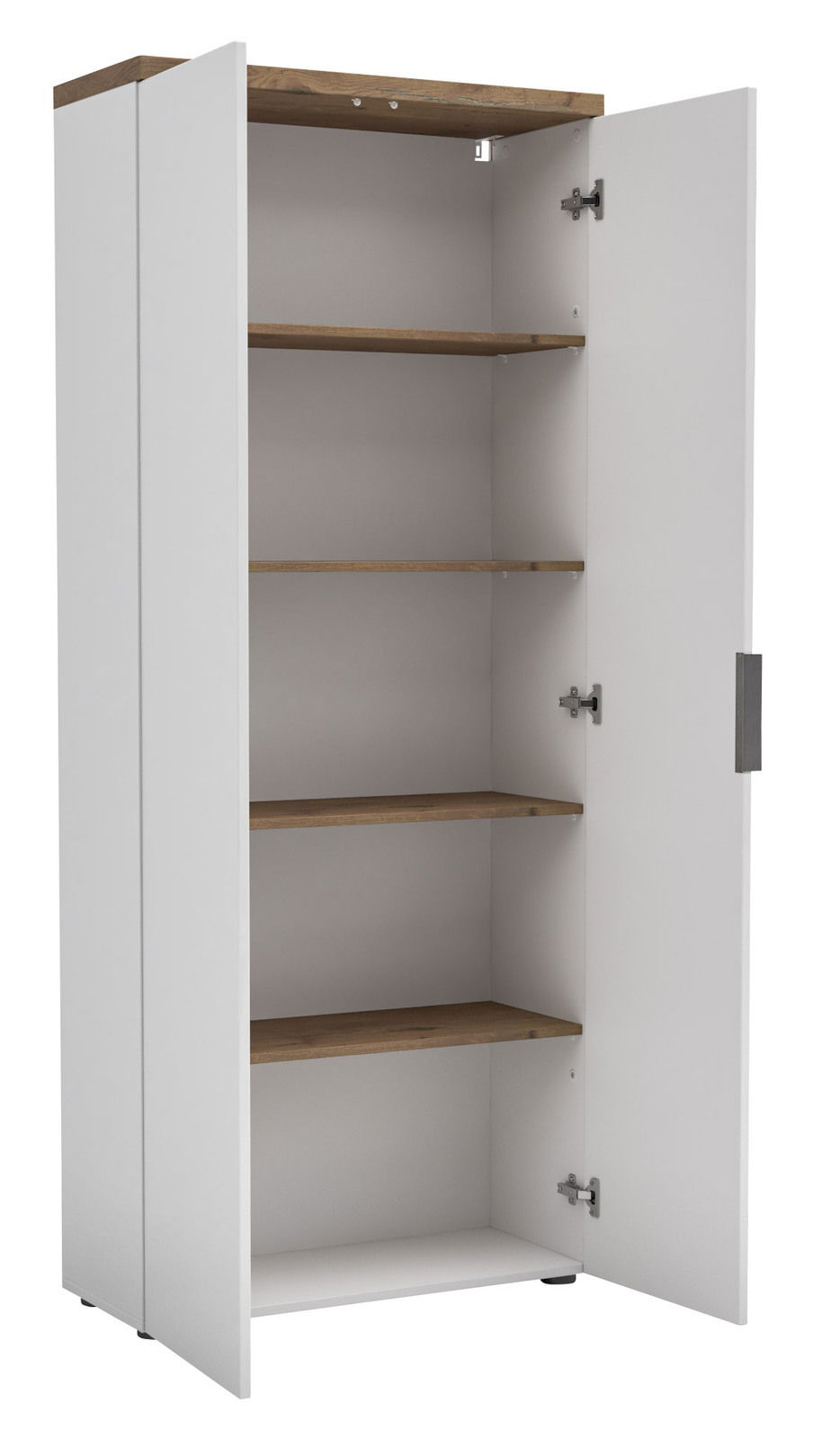 Hochschrank mit offenen Türen, weiße Außenseite und Holzböden, seitliche Perspektive
