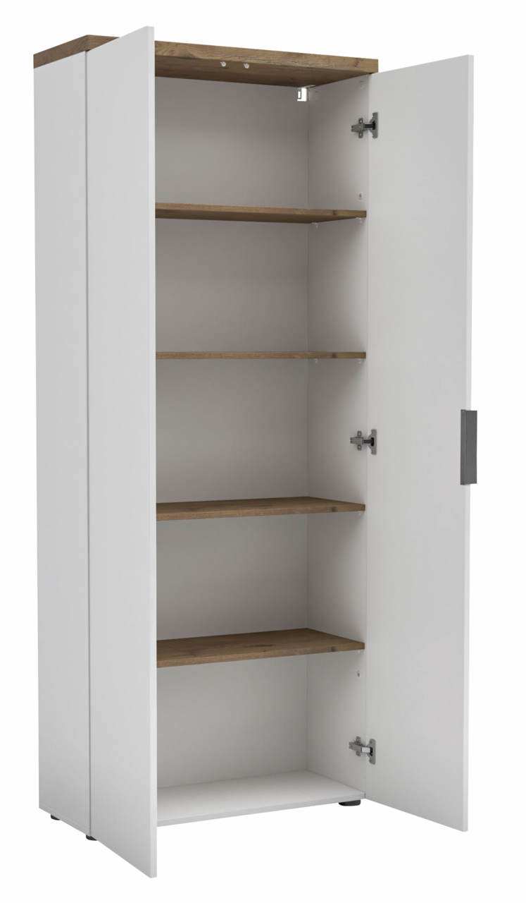 Hochschrank mit offenen Türen, weiße Außenseite und Holzböden, seitliche Perspektive
