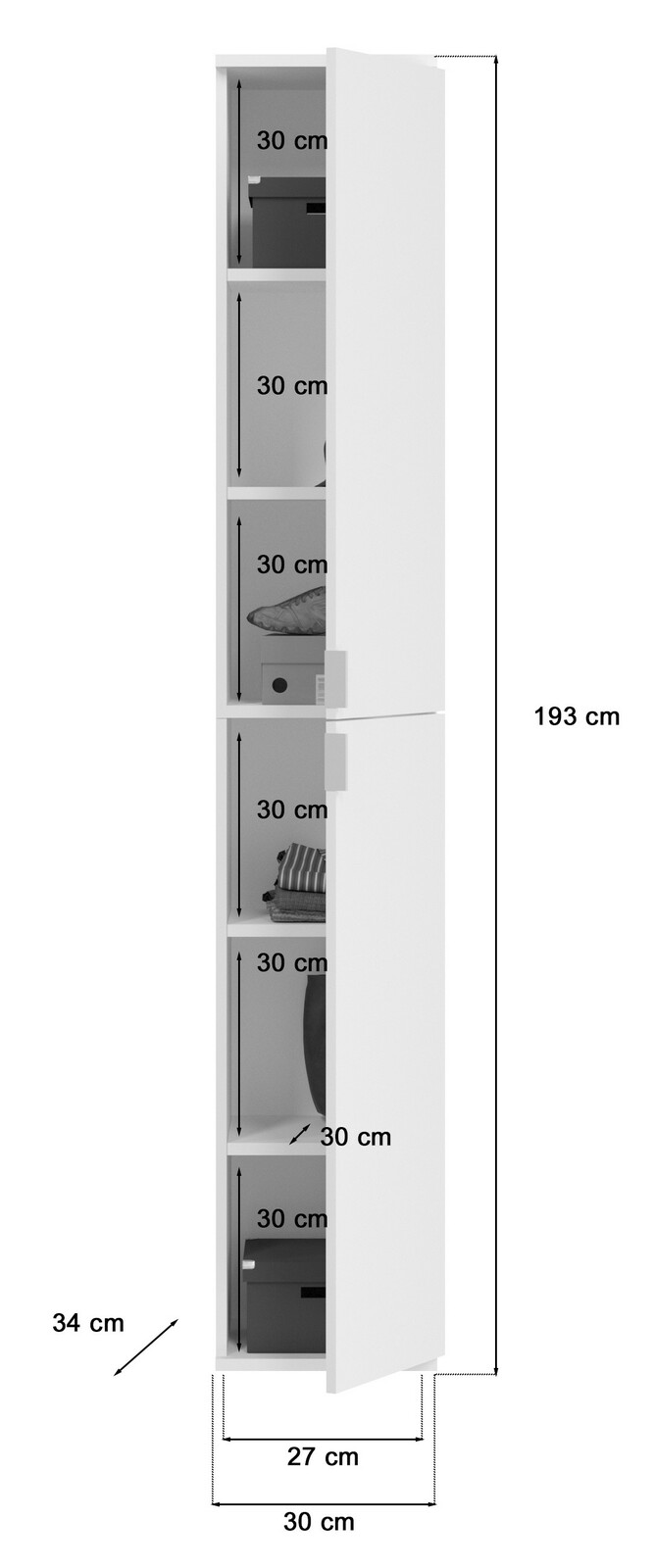 Schmaler, weißer Garderobenschrank mit mehreren Fächern, seitliche Perspektive, Maße: 193 cm hoch, 34 cm tief, 30 cm breit.