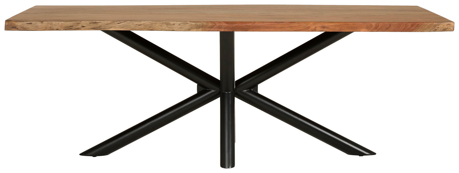 Moderner Esstisch mit Holzplatte und schwarzem Metallgestell, seitliche Perspektive