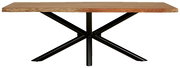 Moderner Esstisch mit Holzplatte und schwarzem Metallgestell, seitliche Perspektive