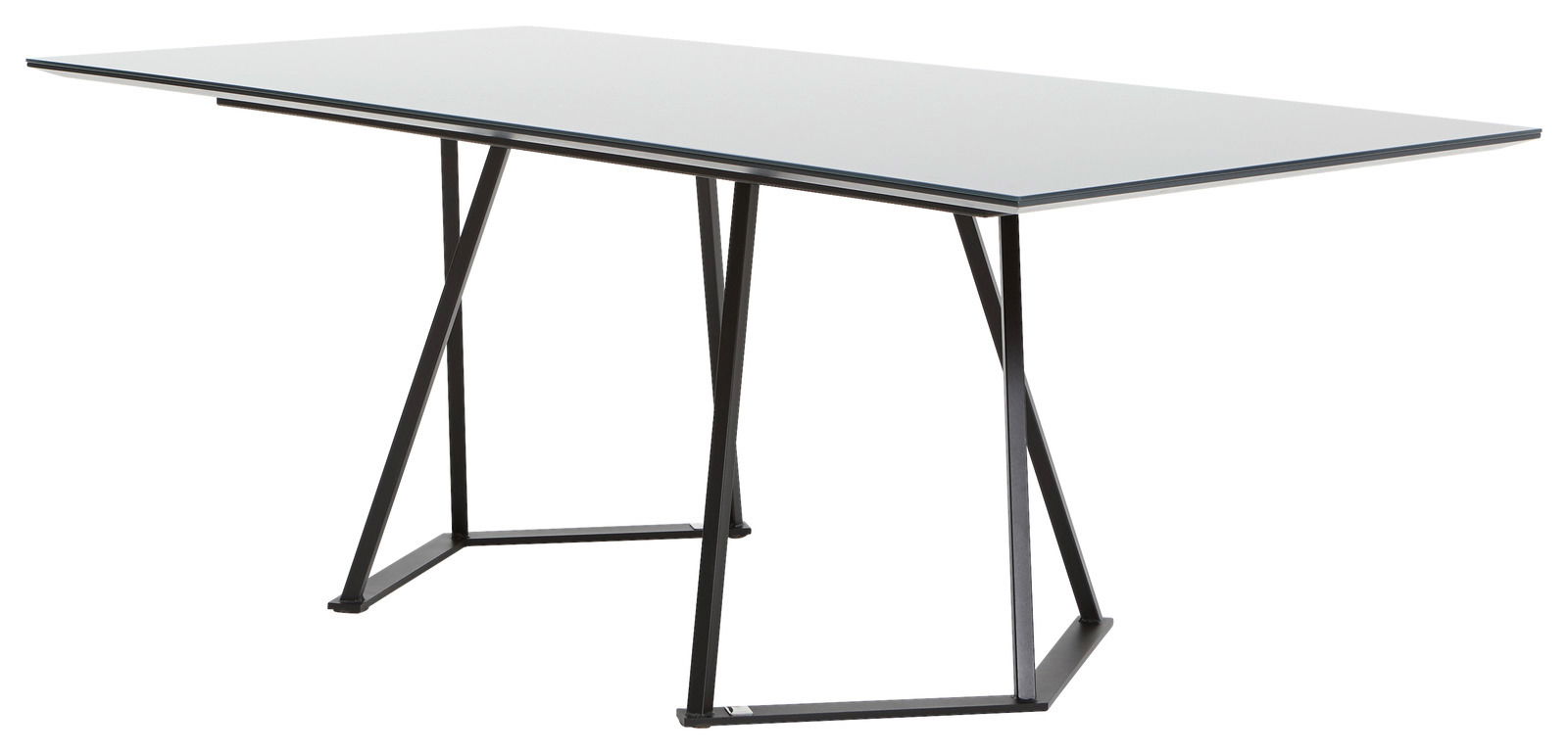 Moderner Esstisch mit Glasplatte und schwarzem Metallgestell, seitliche Perspektive