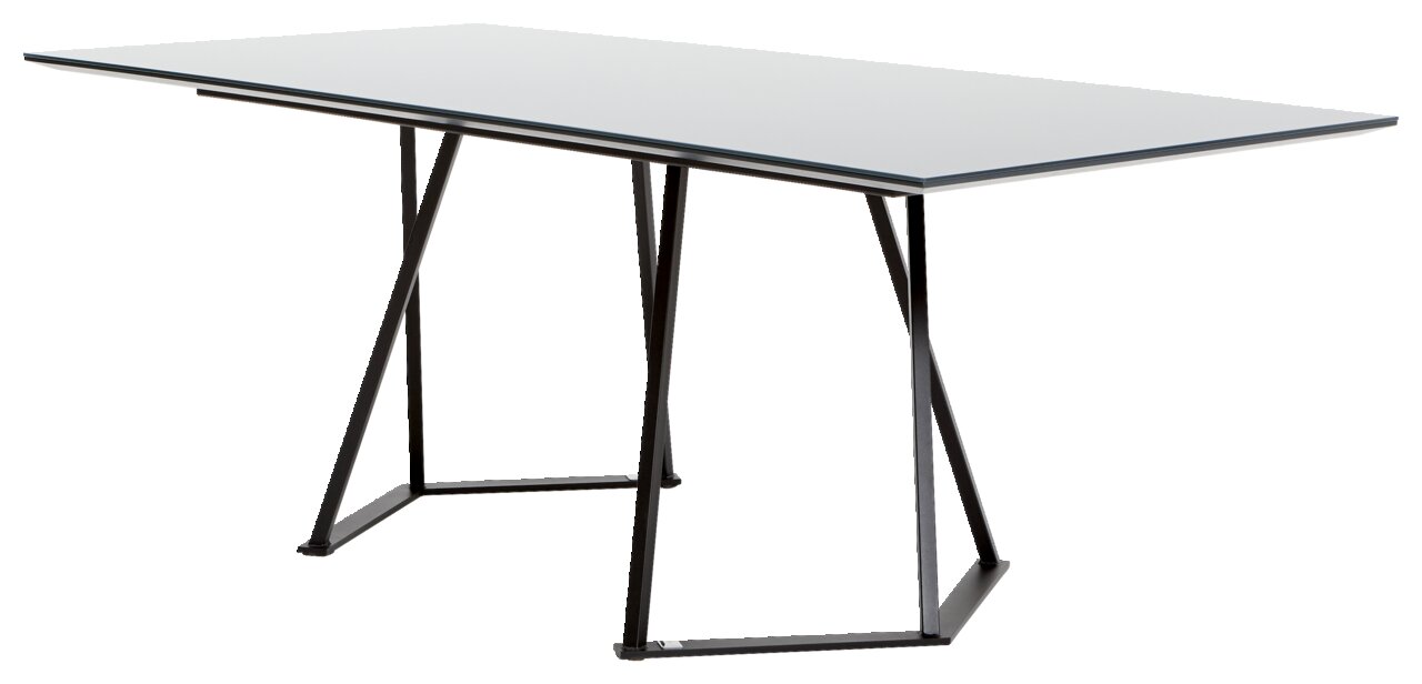 Moderner Esstisch mit Glasplatte und schwarzem Metallgestell, seitliche Perspektive