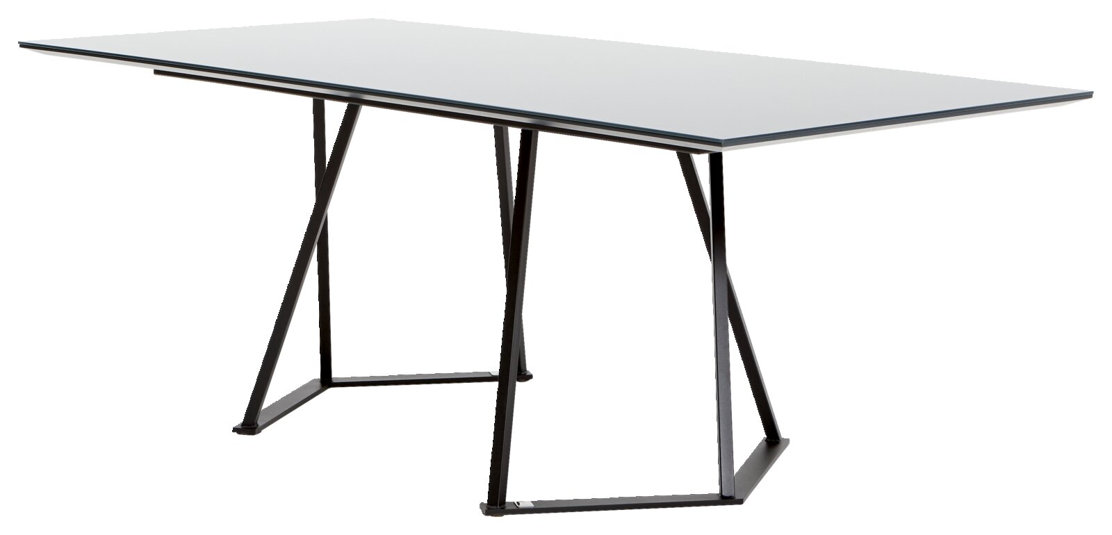 Moderner Esstisch mit Glasplatte und schwarzem Metallgestell, seitliche Perspektive