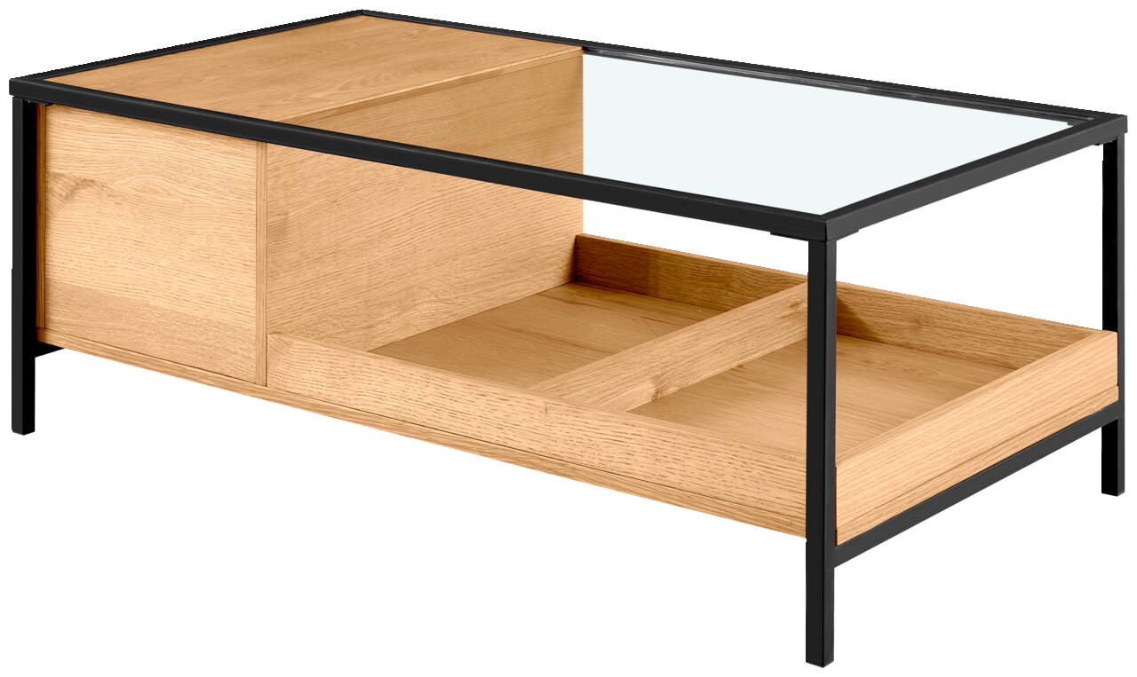 Novel Couchtisch LUNA Moderner Couchtisch aus Holz mit Glasplatte und schwarzem Metallrahmen, seitliche Perspektive