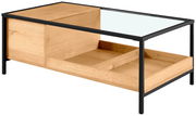 Moderner Couchtisch aus Holz mit Glasplatte und schwarzem Metallrahmen, seitliche Perspektive