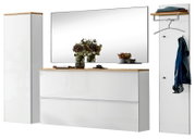 Modernes Flurmöbel-Set in Weiß Hochglanz mit Holzablagen, bestehend aus Schuhkommode mit großem Wandspiegel, hohem Schrank und Garderobenpaneel mit Ablage, Kleiderbügel und Haken, frontal in leichter Perspektive von vorn dargestellt