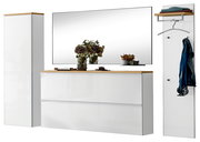 Modernes Flurmöbel-Set in Weiß Hochglanz mit Holzablagen, bestehend aus Schuhkommode mit großem Wandspiegel, hohem Schrank und Garderobenpaneel mit Ablage, Kleiderbügel und Haken, frontal in leichter Perspektive von vorn dargestellt
