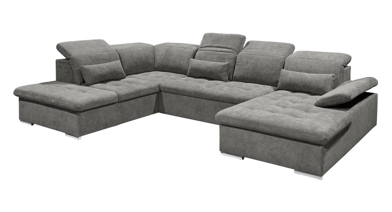 Graues Ecksofa mit verstellbaren Kopfstützen und Armlehnen, perspektivisch von vorne rechts fotografiert.