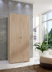 Mehrzweckschrank mit Schloss in Holzoptik, frontal fotografiert in einem modernen, hellen Raum mit großen Fenstern und Pflanzen.