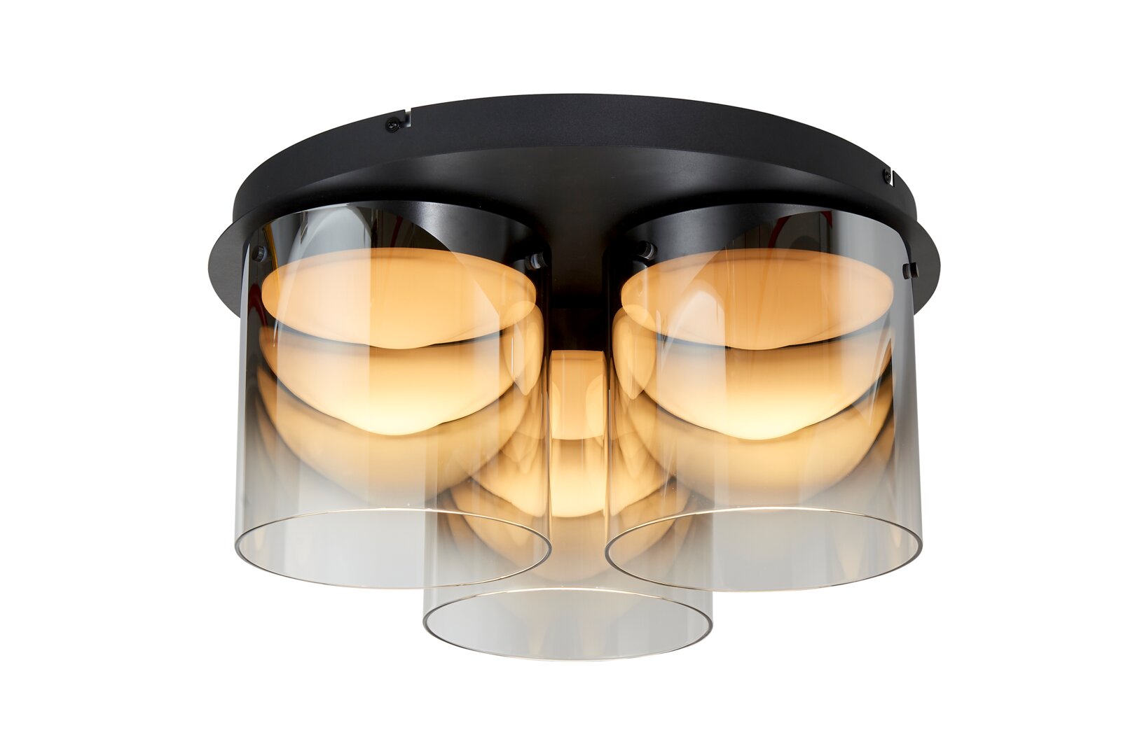 Moderne LED-Deckenleuchte mit drei zylindrischen, rauchgrauen Glasschirmen und warmem Licht, Ansicht von unten.