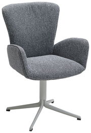 Grauer Armlehnstuhl mit Stoffbezug und vierbeinigem Metallgestell, seitliche Perspektive