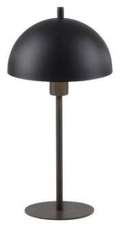 Schwarze Tischlampe mit halbkugelförmigem Schirm und rundem Standfuß, freigestellt auf weißem Hintergrund, Frontalansicht