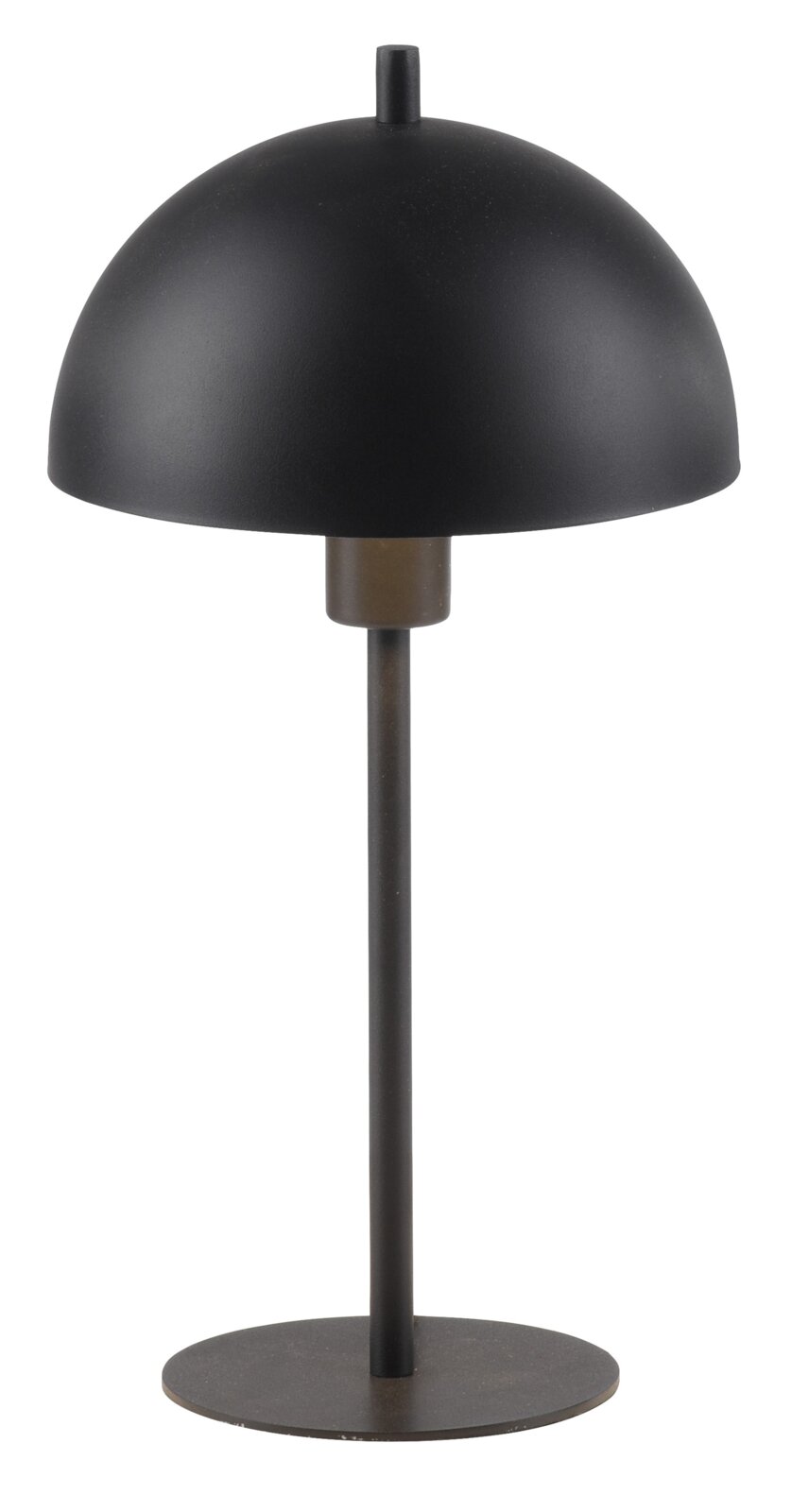 Schwarze Tischlampe mit halbkugelförmigem Schirm und rundem Standfuß, freigestellt auf weißem Hintergrund, Frontalansicht