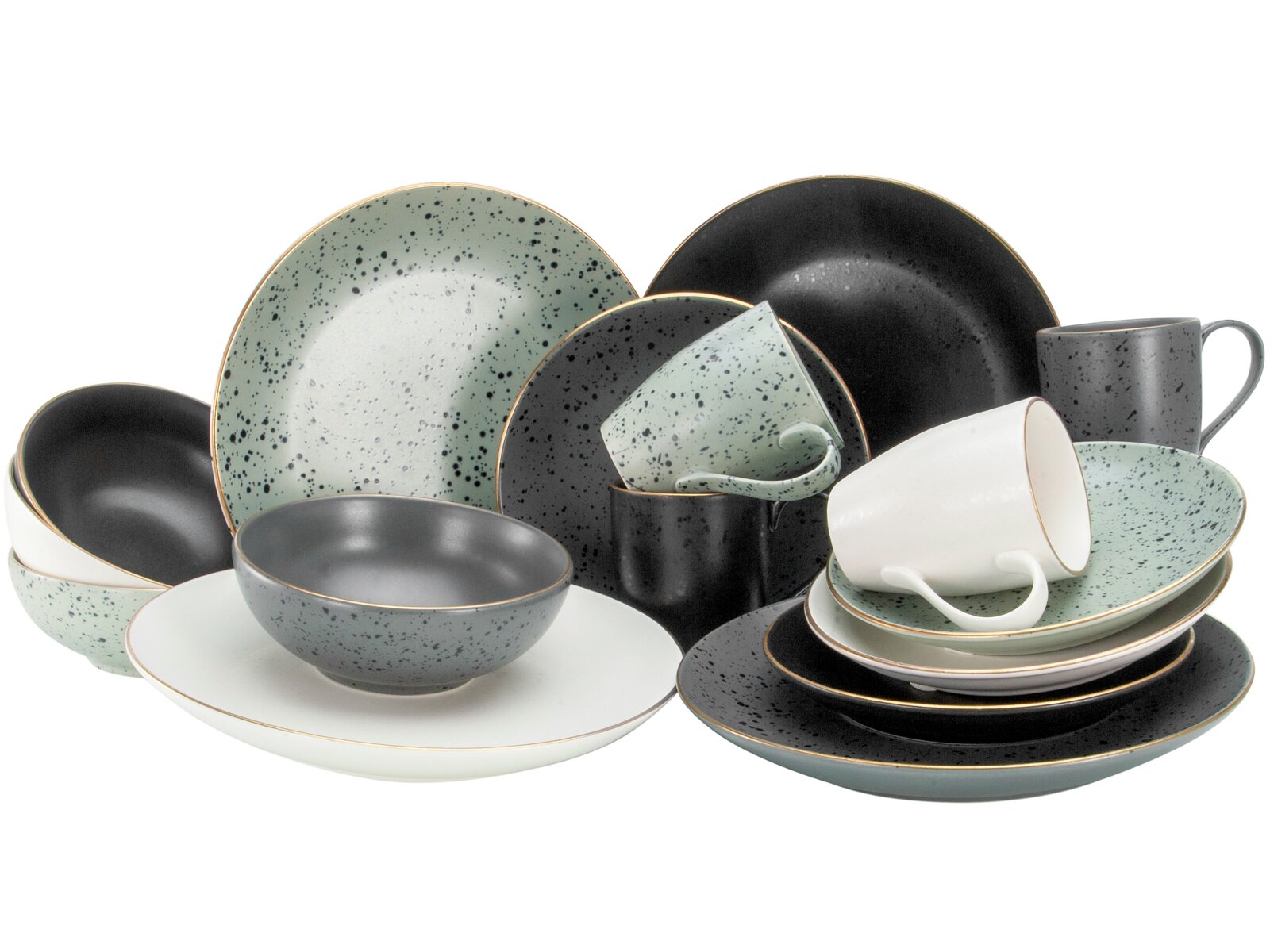 creaTable Kombiservice 16-tlg INDUSTRIAL Keramik-Geschirrset mit Tellern, Schalen und Tassen in Schwarz, Weiß und Mintgrün mit Sprenkelglasur und feinem Goldrand, freigestellt vor weißem Hintergrund, aus frontaler Perspektive leicht schräg von oben aufgenommen