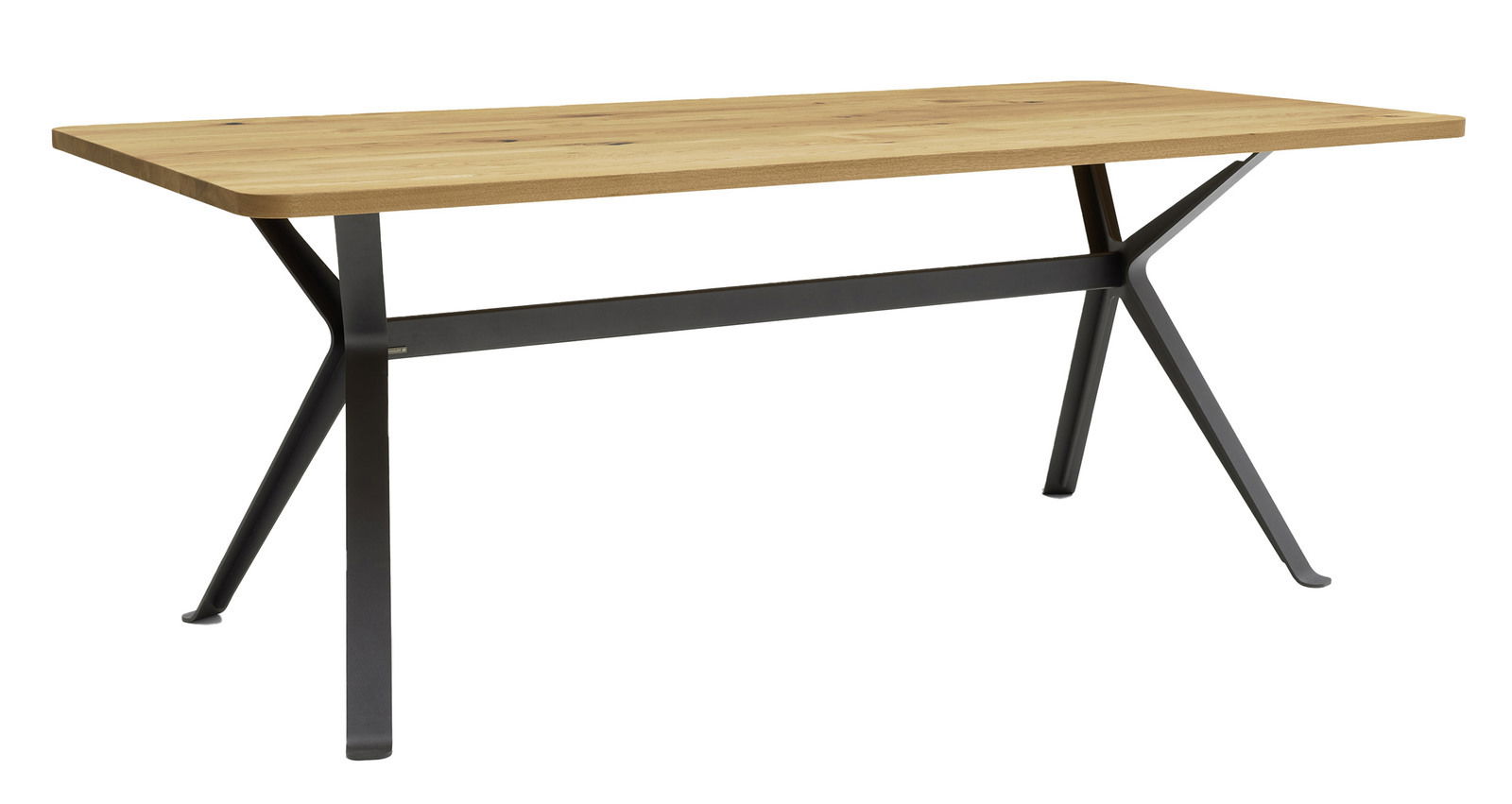 Moderner Esstisch mit Holzplatte und schwarzen Metallbeinen, seitliche Perspektive