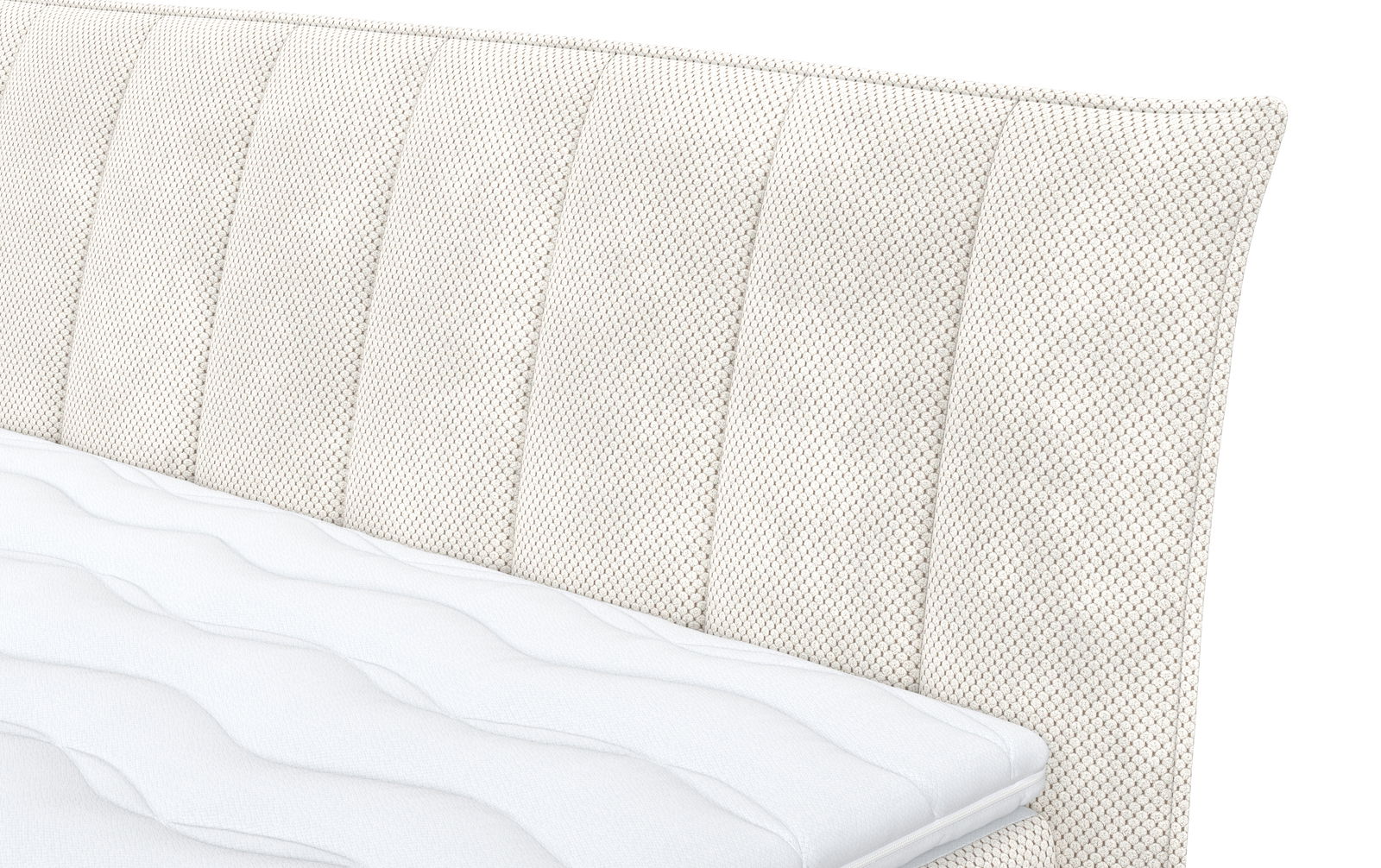 Nahaufnahme eines Boxspringbetts mit gepolstertem Kopfteil in cremefarbener Textur, seitliche Perspektive