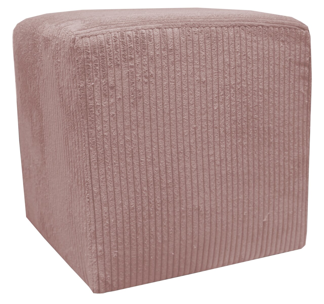 Sitzwürfel aus rosafarbenem, geripptem Stoff, perspektivisch von vorne links fotografiert.