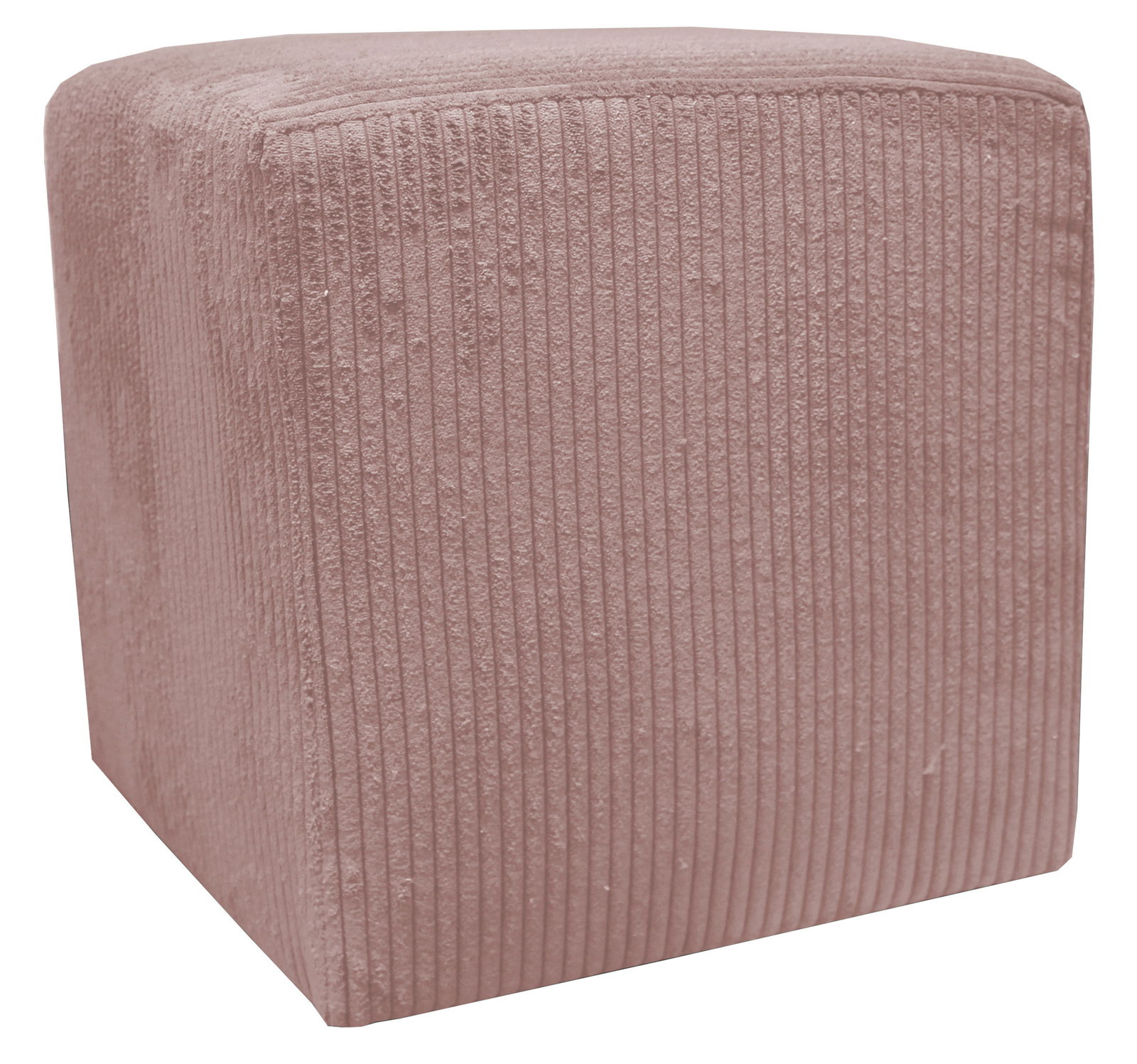 Sitzwürfel aus rosafarbenem, geripptem Stoff, perspektivisch von vorne links fotografiert.