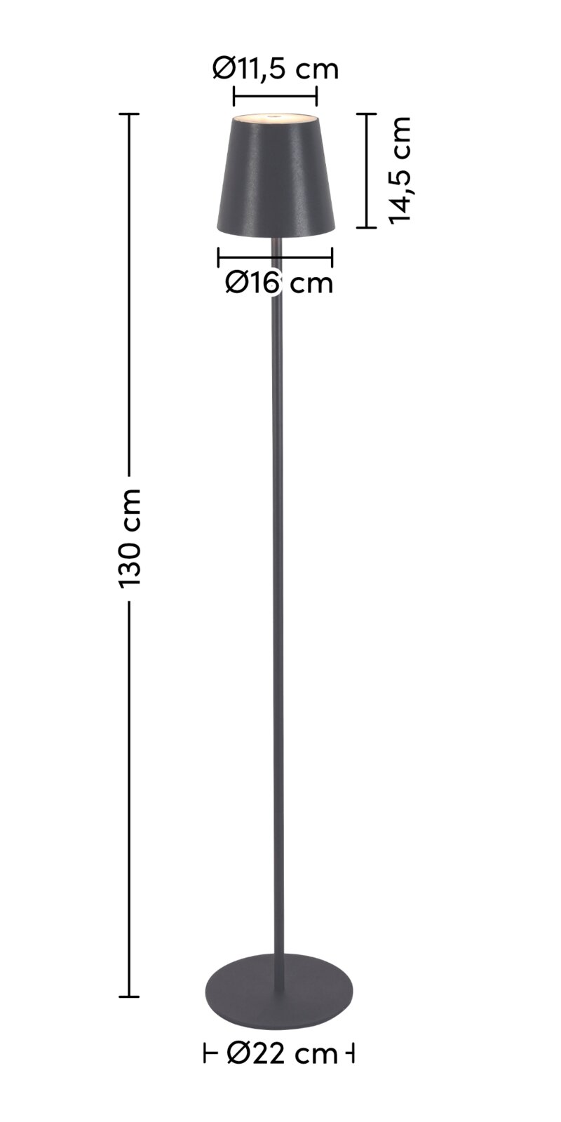 Schwarze Akku-Stehleuchte mit schlankem Design, zylindrischem Lampenschirm und runder Basis, seitliche Ansicht.