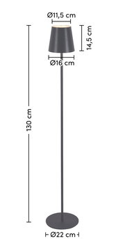 Schwarze Akku-Stehleuchte mit schlankem Design, zylindrischem Lampenschirm und runder Basis, seitliche Ansicht.