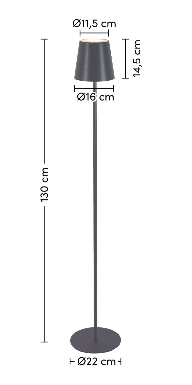 Schwarze Akku-Stehleuchte mit schlankem Design, zylindrischem Lampenschirm und runder Basis, seitliche Ansicht.