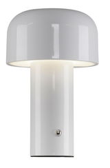 Weiße Akku-Tischleuchte AGNES in zylindrischer Form, seitliche Perspektive